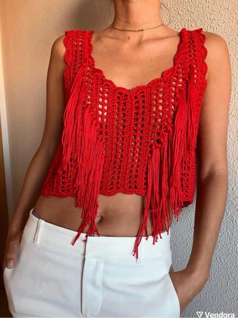Zara Red Crochet Fringe Crop Tank